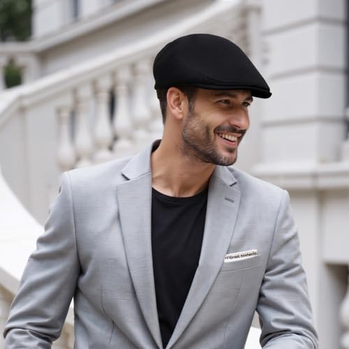 Senker Fashion 2 Pack Newsboy Cap for Men, Wool Blend Tweed Flat Cap - color: Camel Black