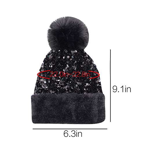 Women Sparkly Sequins Knitted Beanie Hat Warm Winter Skull Cap with Faux Fur Pom Pom - color: Black