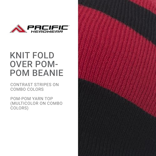 Pacific Headwear Unisex Adult Pacific Headwear Knit Fold Over Pom-pom Beanie - color: Black/Red/Black, size: One Size