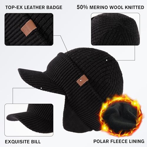 TOP-EX DryKnit™ 50% Merino Wool Waterproof Brim Beanie, Polartec™ Lined - color: Updated Earflap Style#black (Waterproof), size: Medium-Large