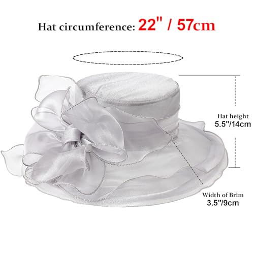 AQOKKA Women Organza Church Fascinators Kentucky Derby Hats for Women and Girls Wedding Flower Tea Party Hat with Wide Brim - color: Organza Big Bow : Grey