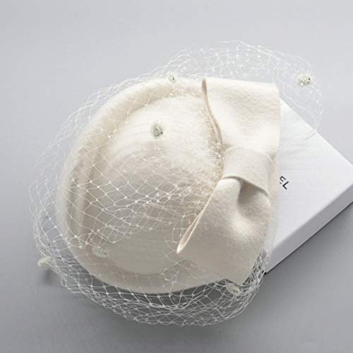 Z&X British Vintage Wool Felt Pillbox Hat Ladies Church Derby Winter Fascinator Hat Veil Flower Fedoras - color: 011 White