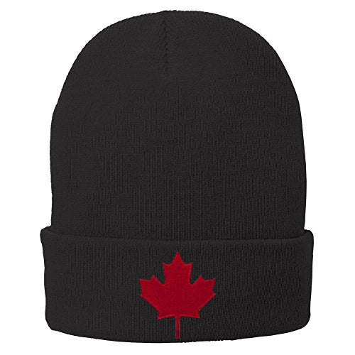 Canada Maple Leaf Embroidered Winter Cuff Long Beanie - Red Flag - color: Black
