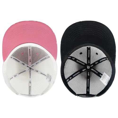 BASSDASH 2 Pack Flat Brim Trucker Cap Adjustable Snapback Hat Mesh Back for Men Women Fishing Hunting - color: Pack of 2, Pink & Black/Tropical Flower
