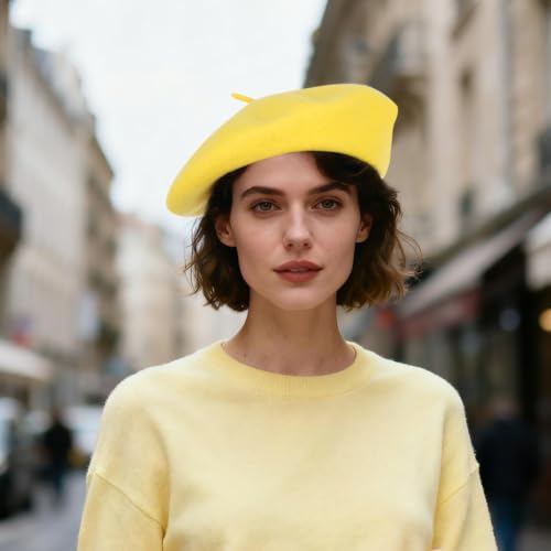 1Pcs French Beret Hats Solid Classic Beret Beanie Hats for Women Teens - color: Yellow