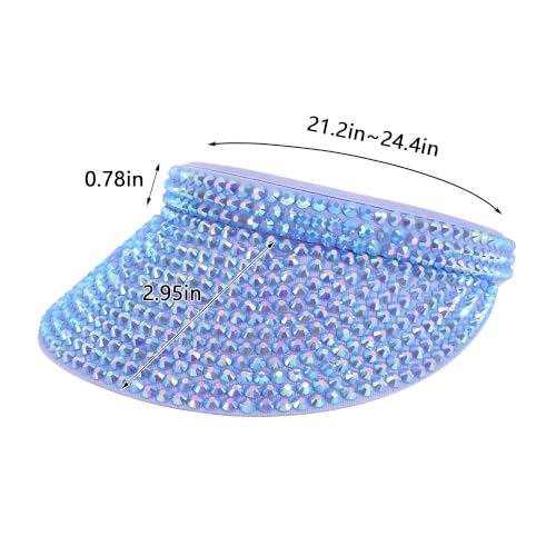 Haoohu Shiny Rhinestones Clip On Sport Sun Visor Hat for Women Men Outdoor Adjustable Wide Brim Summer Cap - color: Blue Rhinestone