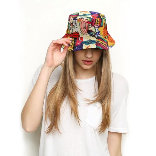 Bucket Hat for Women Men, Cotton Reversible Double Side Wear Sun Hats Beach Fisherman Hat - color: Colorful Graffiti