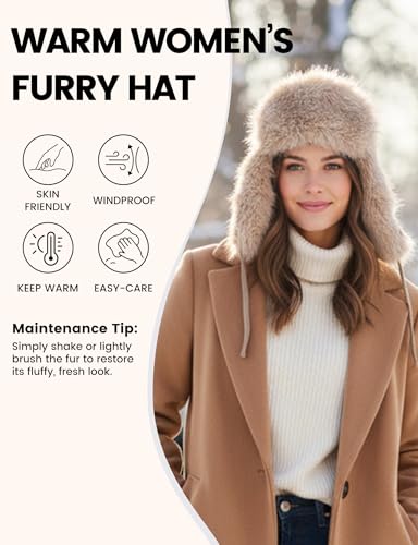 Beauty Women Fur Trapper Ushanka Hat with Ear Flaps, Faux Fur Windproof Thick Winter Russian Bomber Eskimo Hat(Pink)