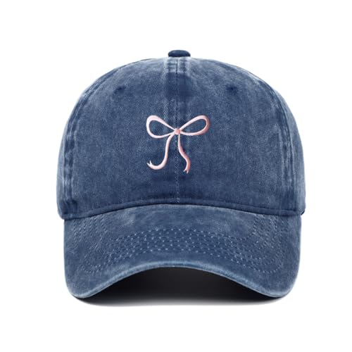 Bow-Tie Baseball Cap for Women Vintage Washed Cotton Adjustable Distressed Embroidered Dad Hat - color: Navy Blue