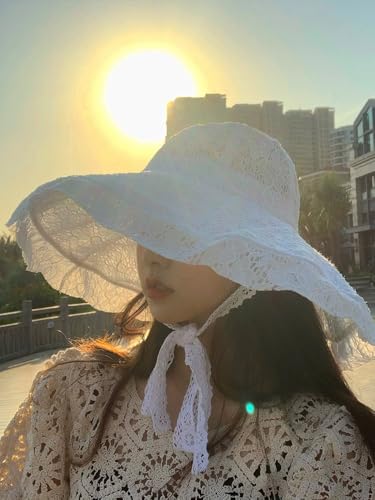 Ladies Floppy Lace Sun Hat Womens Foldable Wide Brim Fedoras UPF 50+ Summer Sun Visor Cap Large Beach Bucket Hat - color: White
