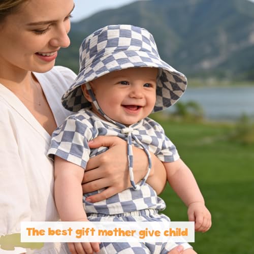 Baby Sun Hat Infant Toddler Summer Cotton Yarn Beach Bucket Hat for Boy Girl - color: Blue Checkered, size: 0-9 Months