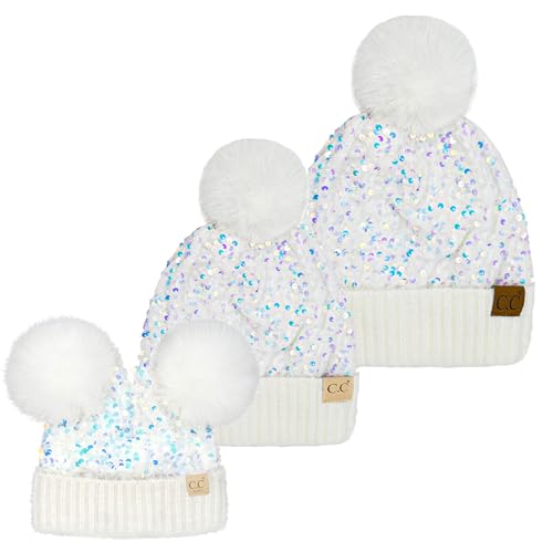 Funky Junque Mommy & Me Double Pom Beanies 3-Pack Matching Winter Hats for Mom, Toddler & Infant Girls, Cozy Knit Family Set - color: Sequin - White