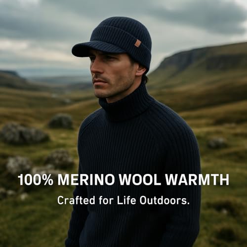 TOP-EX 100% Australian Merino Wool Brim Beanie, Polartec™ Fleece Lined - color: Navy, size: Medium-Large