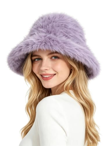 Lina & Lily Oversized Winter Faux Fur Bucket Hat for Women - Long Pile Fur Wide Moldable Brim - color: Lavender