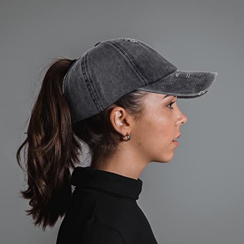 HH HOFNEN Ponytail Hat for Women Washed Distressed Baseball Cap Ponycaps - color: #2 Black+grey+red