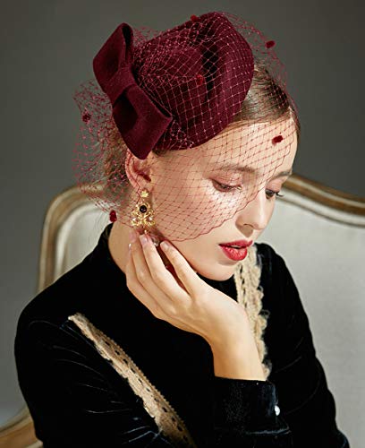 Z&X British Vintage Wool Felt Pillbox Hat Ladies Church Derby Winter Fascinator Hat Veil Flower Fedoras - color: 012 Wine Red
