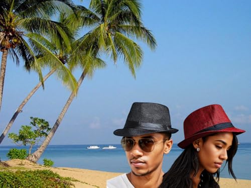 Giroir 2Pack Fedora Hats for Men Women Short Brim Unisex Short Brim Summer Beach Style 1920s Party Accessories - color: Black+light Grey, size: Small-Medium