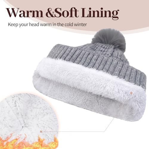 Winter Beanie Hats for Women with Faux Fur Pom Warm Cozy Knit Fleece Thermal Snow Ski Skull Cap for Cold Weather - color: Grey