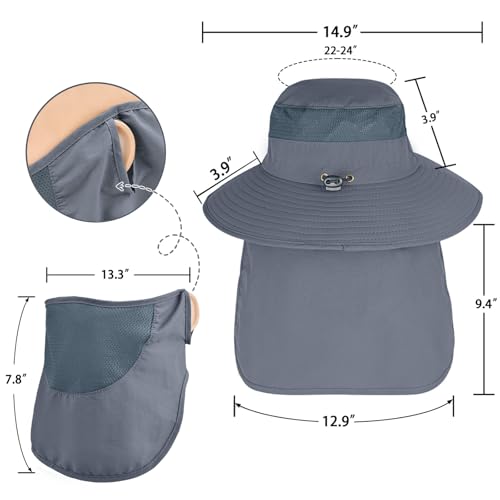 ZOORON Sun Hats for Men Women with Neck Flap Fishing UPF 50+ UV Protection - color: Dark Grey (With Face Cover)