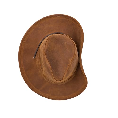 Minnetonka Unisex Aussie Leather Hat with Adjustable Chin Strap - color: Brown, size: Small