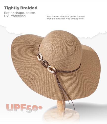Hat Hut Wide Brim Beach Sun Hat for Women UPF 50+ UV Protection Packable Floppy Straw Hats for Summer - color: Khaki, size: Large