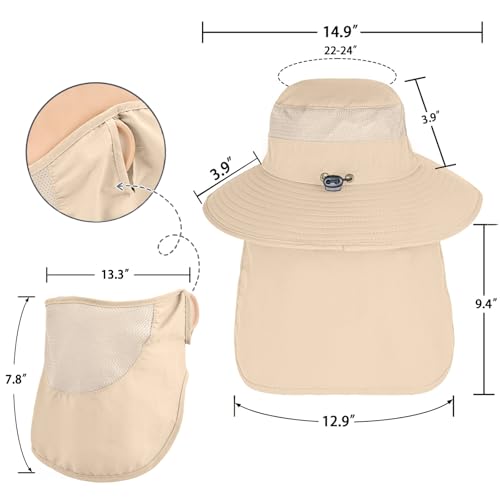 ZOORON Sun Hats for Men Women with Neck Flap Fishing UPF 50+ UV Protection - color: Beige (With Face Cover)