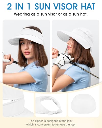 Century Star Sun Hat for Women Wide Brim Zip-Off Beach Hat Visor Ponytail UV Protection Summer Visors - color: White