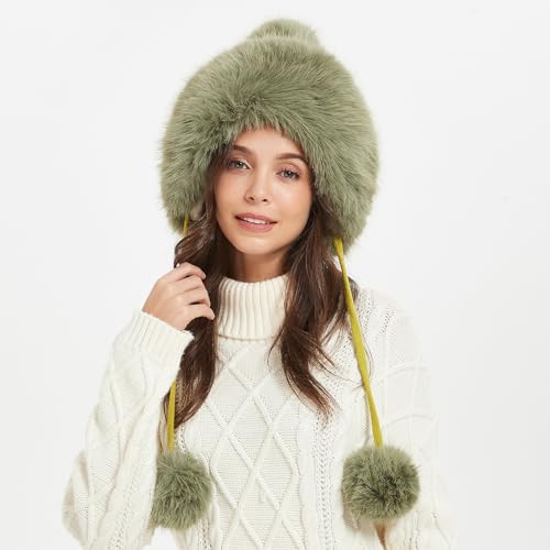 Winter Hats Cute Kint Hat Russian Fur Crochet Hat Slouchy Beanies with Pompom Warm Fuzzy Snow Cap Trapper Hat for Women - color: Light Green