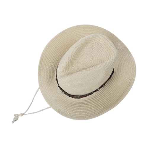 Unisex Straw Cowboy Hat Wide Brim Western Sun Hat Adjustable Beach Cowgirl Hat for Summer Outdoor Sun Protection - color: Beige,leather Hat Strap