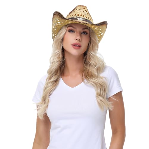 WQWOVRVO Cowboy Hat,Cowgirl Hat,Cowboy Hats for Women/Mens/Straw Wide with Shapeable Brim Western Cowboy Hat for Womens - color: Beige & Coffee