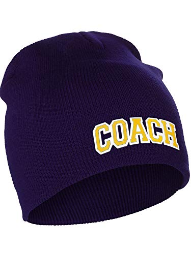 I&W Sports Team Coach Arch Letters Winter Knit Cuffless Beanie 3D Raised Layers - color: Purple Beanie White Gold