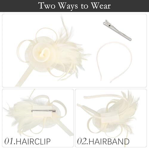 AMCAMI Fascinators Hats with Feather for Women 2026 Derby Hats Small Tea Party Hat with Headband - color: Beige