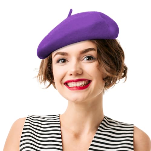 French Beret Hats for Women - Soft Warm Wool Solid Color Beanie Winter Cap - color: Purple