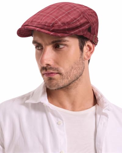 ZLYC Men Summer Flat Cap Scally Ivy Gatsby Newsboy Beret Driver Hat - color: Tartan Red