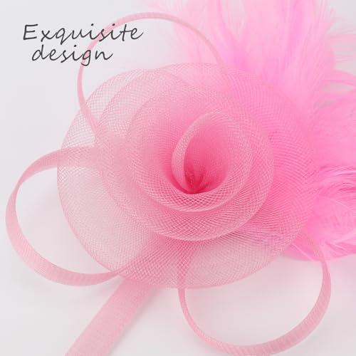 DRESHOW Fascinators Hats for Women Tulle Feather Tea Party Fascinator Hats - color: Pink