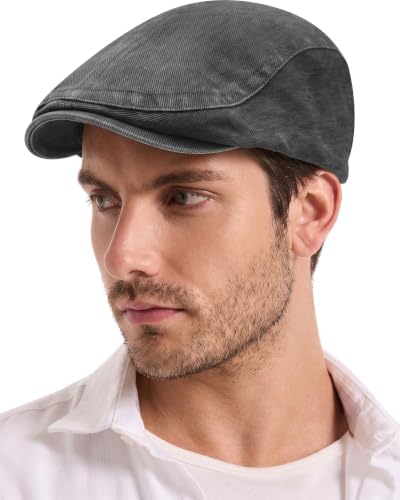 ZLYC Men Cotton Flat Cap Summer Scally Newsboy Beret Driver Hat - color: Washed Gray