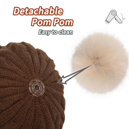 ZLYC Kids Girls Boy Winter Hat Cotton Lined Pom Pom Beanie Earflap Knit Cap - color: Solid Brown