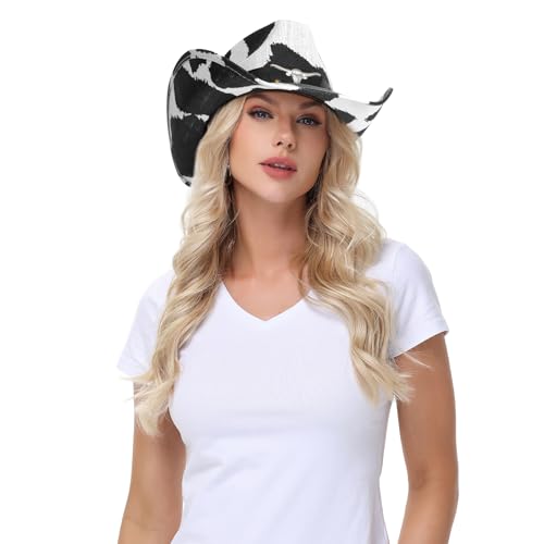 WQWOVRVO Cowboy Hat,Cowgirl Hat,Western Cowboy Hats for Women/Mens/Straw Wide with Shapeable Brim Cowboy Hat for Womens - color: Black Cow Pattern