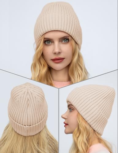 Satin Lined Wool Acrylic Blend Beanie Hat Women Men, Winter Knit Cap - color: Beige