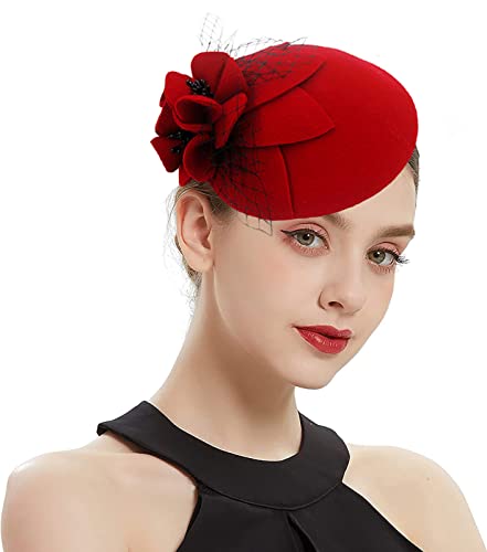 ORIDOOR British Style Pillbox Hat Women Church Wedding Winter Vintage Fascinator Beret 100% Wool Felt Hat with Veil - color: Red