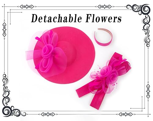 dressfan Wide Brim Fascinator Derby Hats for Women,20s Detachable Flower Hat with Headband for Derby Church Wedding Tea Party - color: Fushia