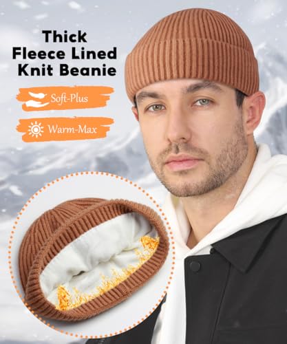 Heniho Wool Fleece Lined Fisherman Beanie for Men, Winter Warm Hats Cuffed Knit Watch Cap Trawler Hat - color: 2pack N- Black&tan