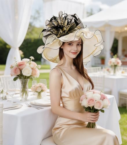 Organza Church Derby Hats for Women Wedding Tea Party Fascinator Floral Wide Brim Sun Hat - color: Style02 Apricot Black