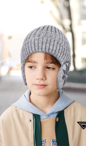 2 Pack Kids Beanie Winter Hat for 3-10 Years Cute Warm Fleece Lined with Ear Flaps for Boys and Girls - color: Black +Light Grey
