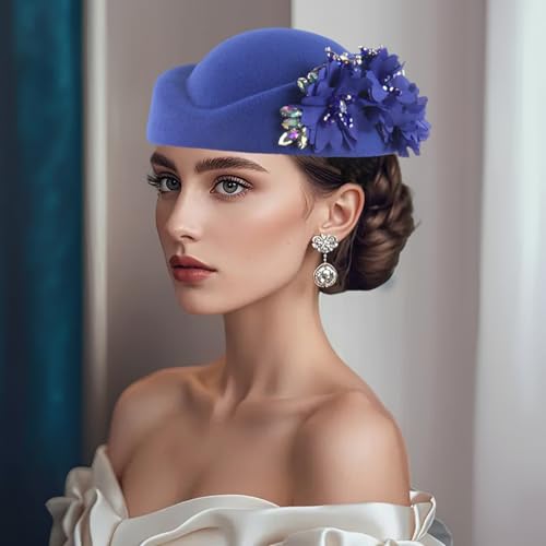 Women Vintage Church Hat Applique Felt Pillbox Hat Fascinator Tea Party Cap - color: Z1-blue
