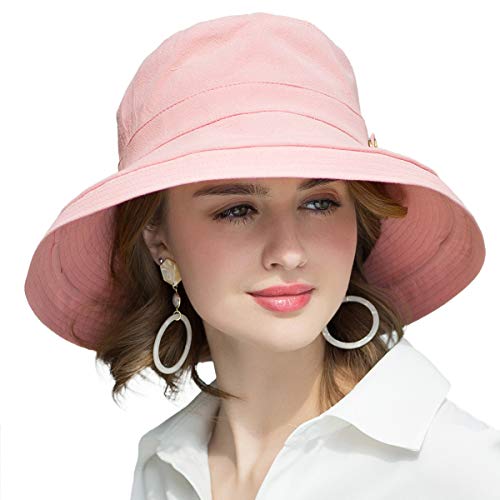 Womens Cotton Wide Brim Sun Hats UPF50+ UV Packable Beach Hat Summer Bucket Cap for Travel - color: Button Decoration-pink