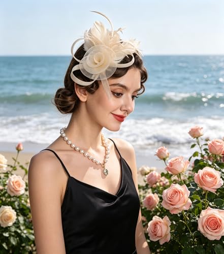 SAFERIN Women's Fascinators Feathers Tea Party Hat Veil Headband with Hair Clip for Cocktail Church - color: M-champagne