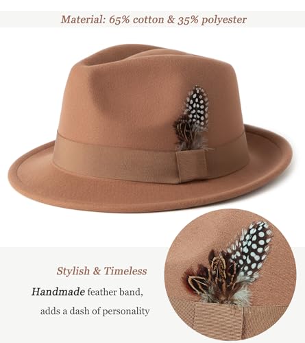 Lisianthus Short Brim Fedora Unisex Trilby Hat with Feather Band - color: Khaki