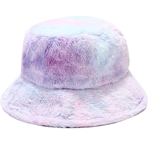 Winter Faux Fur Furry Bucket Hat Fluffy Fuzzy Warm Hat Plush Fisherman Hat for Women Men Teens Girls - color: Blue Purple