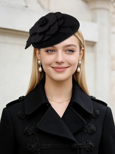 Beret Hats for Women Wool Fashion Blend French Beret for Men and Women Costume Party Fascinators - color: Black